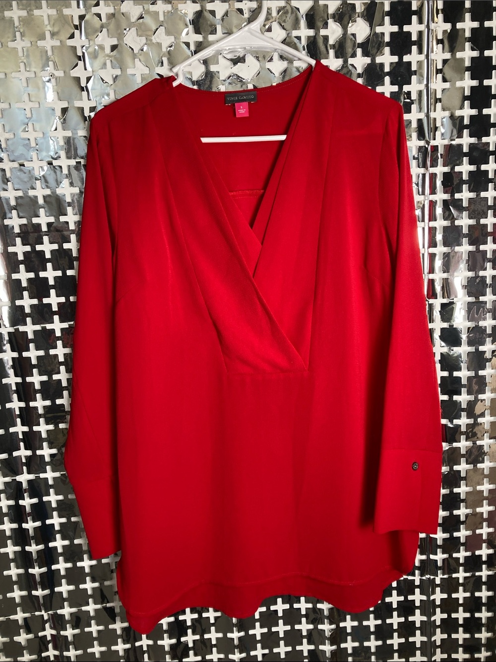 Vince Camuto Bright Red V-Neck Wrap-Front Long Sleeve Tunic